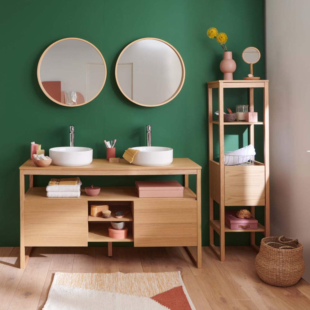 Meuble sous vasque plaqué chêne naturel  140cm+vasqueblanche+miroir+co