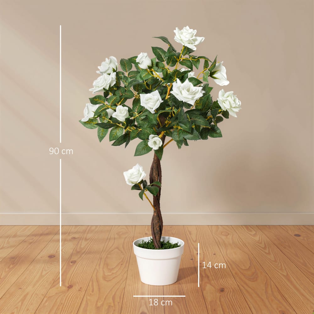 Rosa alberello artificiale con fiori e vaso bianco e verde -
