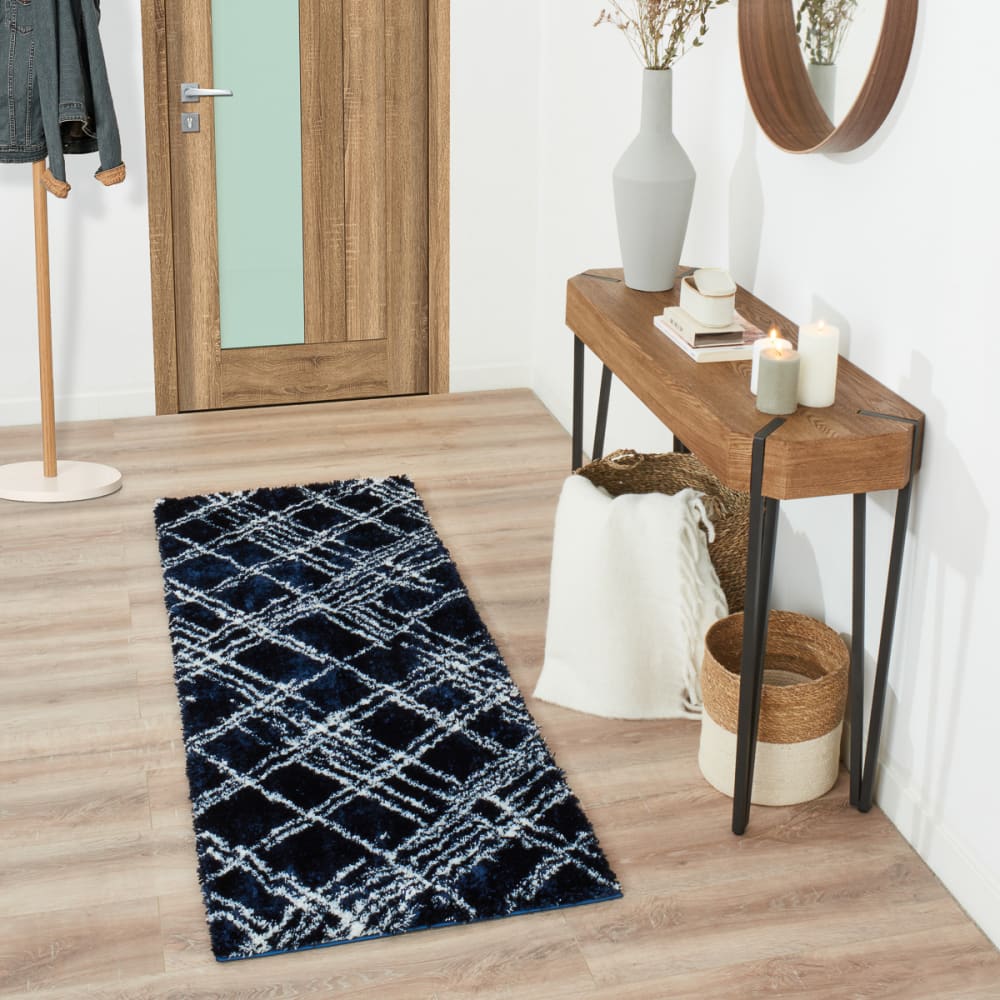 Tapis shaggy abstrait motif géométrique bleu - 67x180 cm — vue 3