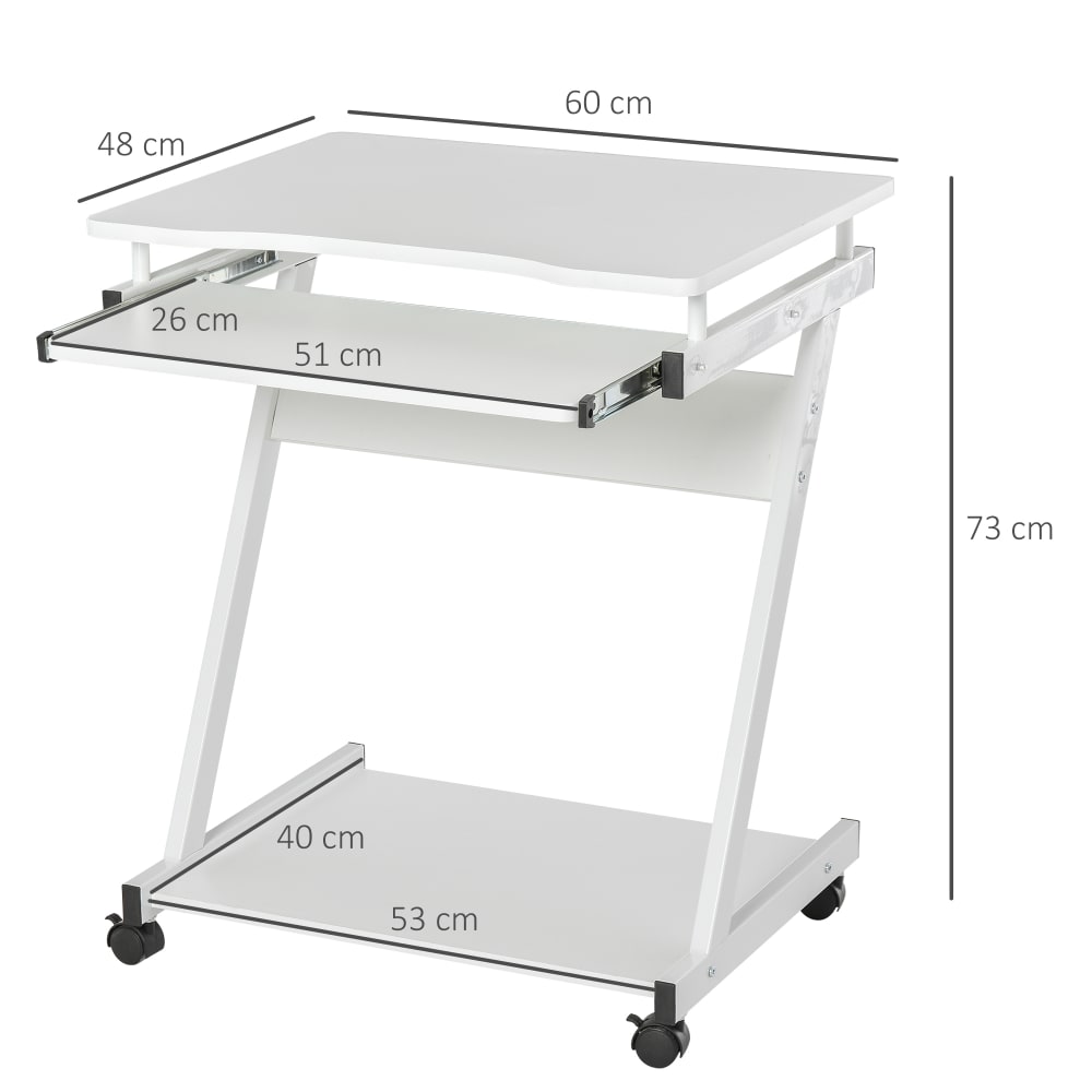 Tavolo porta pc classico 4 ruote in ferro e legno bianco - Homcom