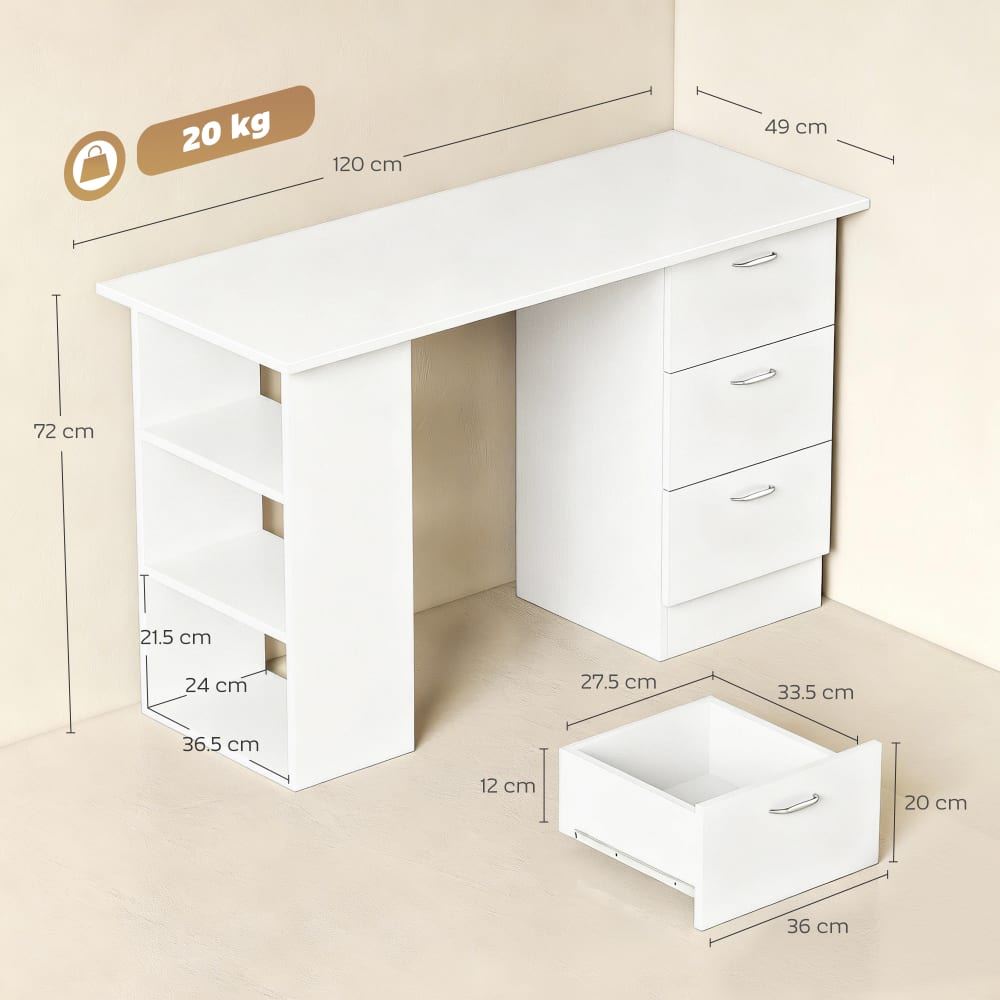 Scrivania porta pc 3 cassetti e 3 ripiani in legno bianco -