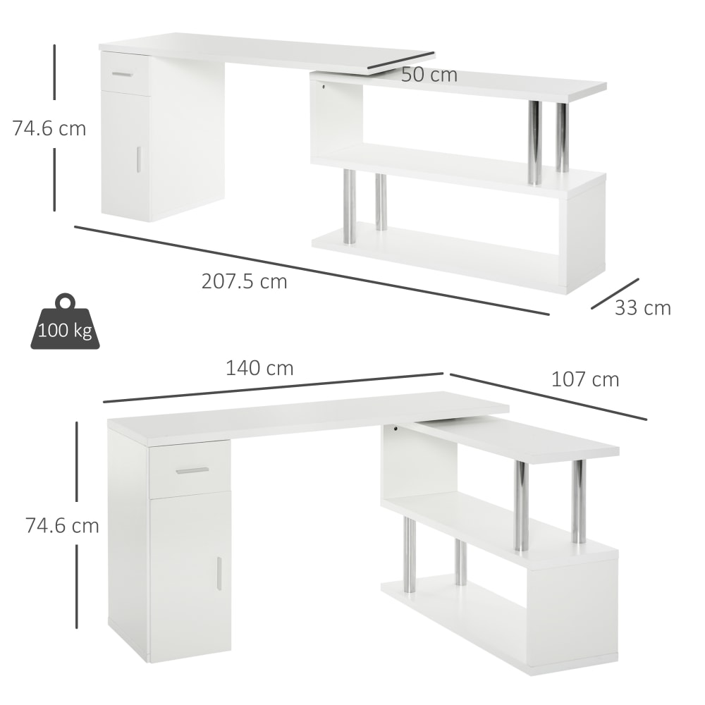 Scrivania angolare moderna con mensole in legno bianco - Homcom