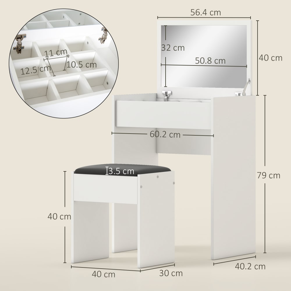 Tavolo da trucco con sgabello e specchio richiudibile in mdf