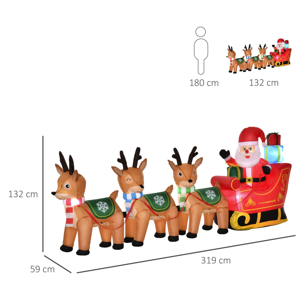 Babbo natale gonfiabile con slitta e 3 renne 6 luci integrate -
