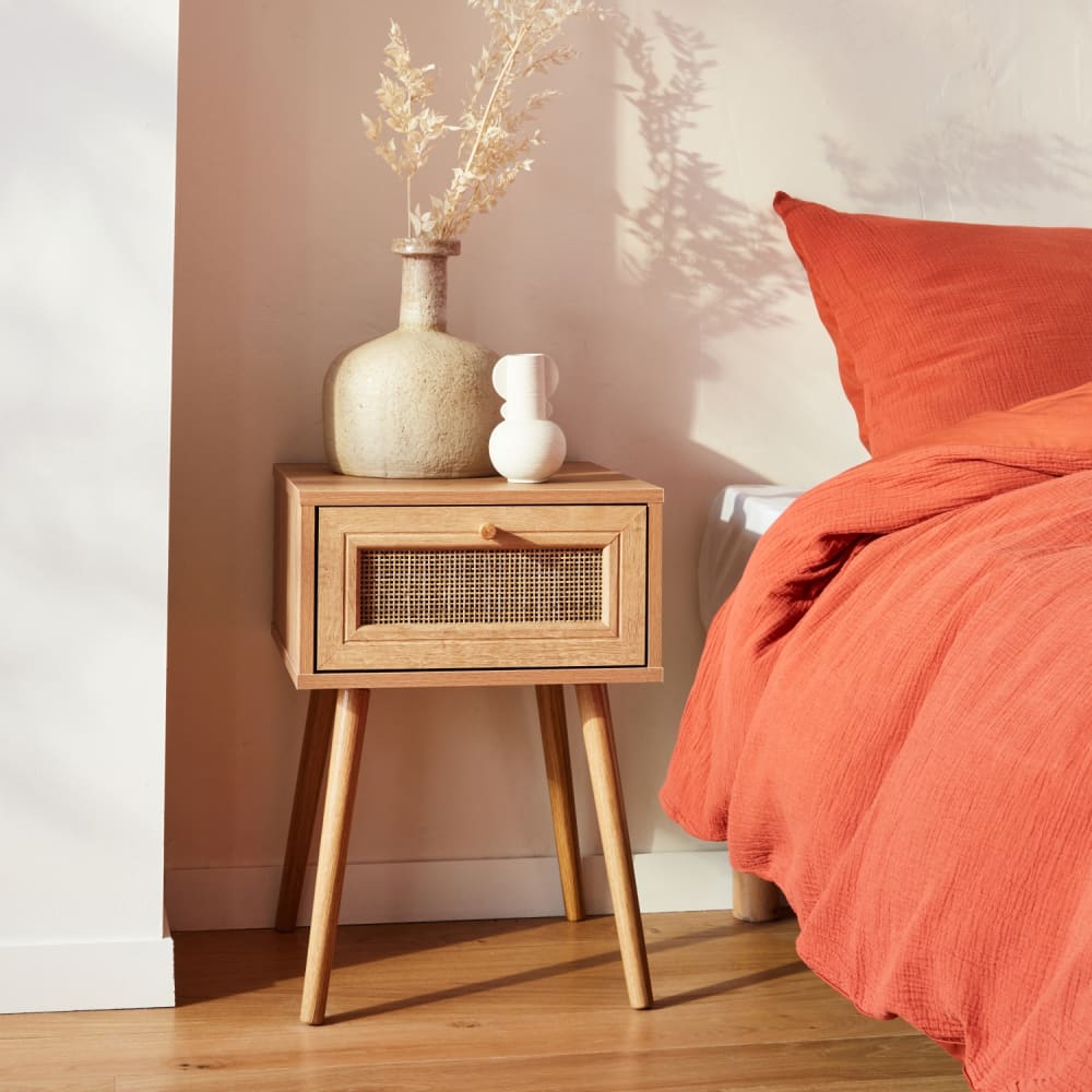 sweeek Nachttisch mit Holzeffekt & Rattan-Geflecht mit 1 Schublade style classic chic Beige Spanplatte