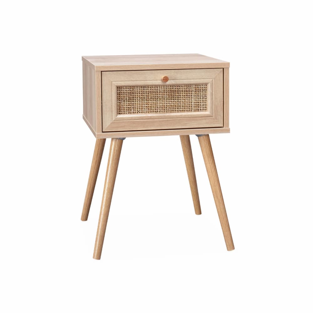 Table de chevet effet bois et cannage, 1 tiroir
