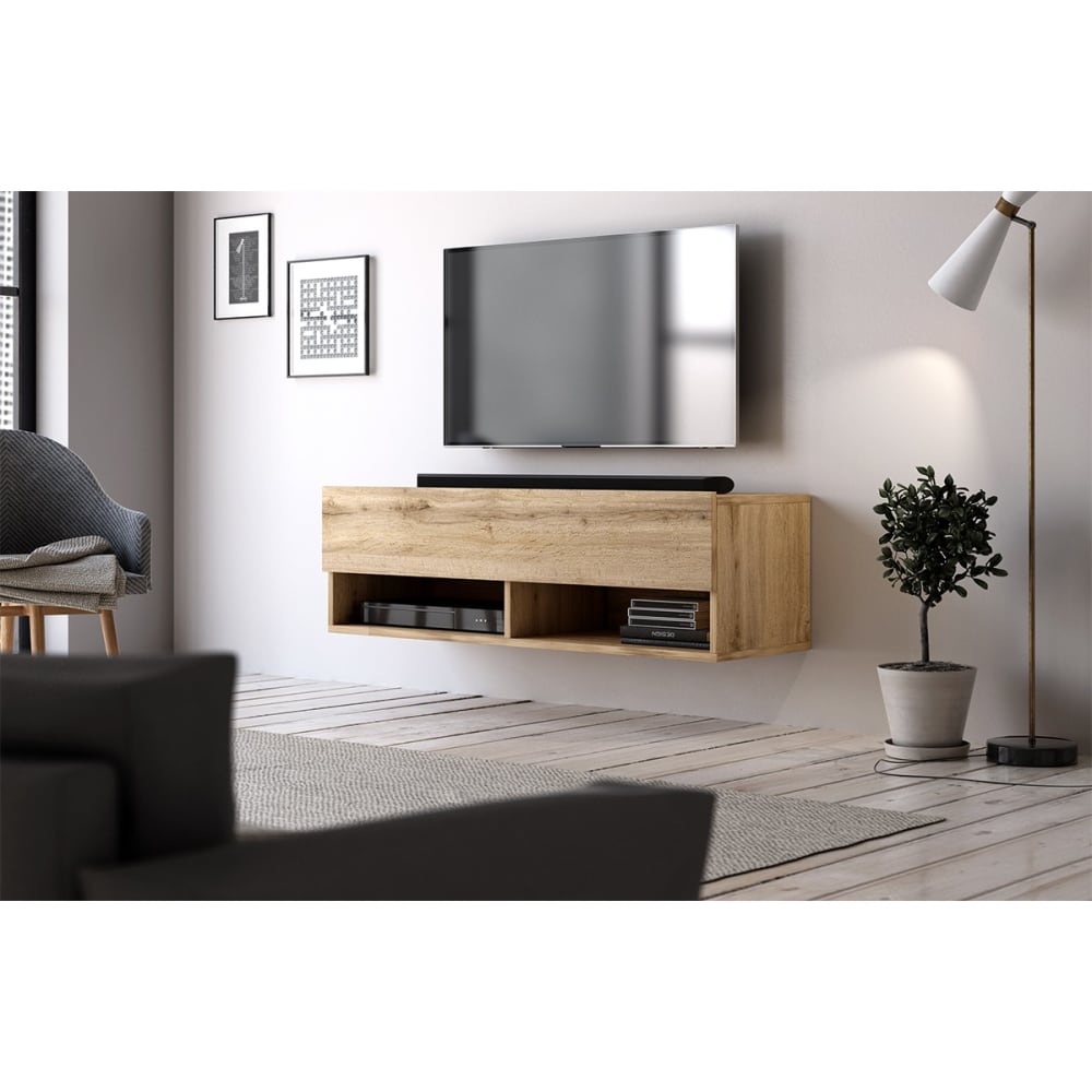 Meuble TV Mural Porte Rabattable 2 Niches L100 cm - Décor bois