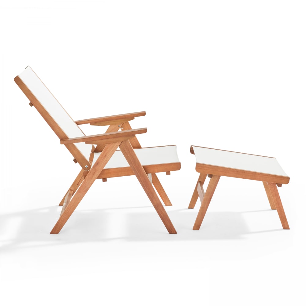 Fauteuil relax en bois d'eucalyptus avec repose-pieds blanc