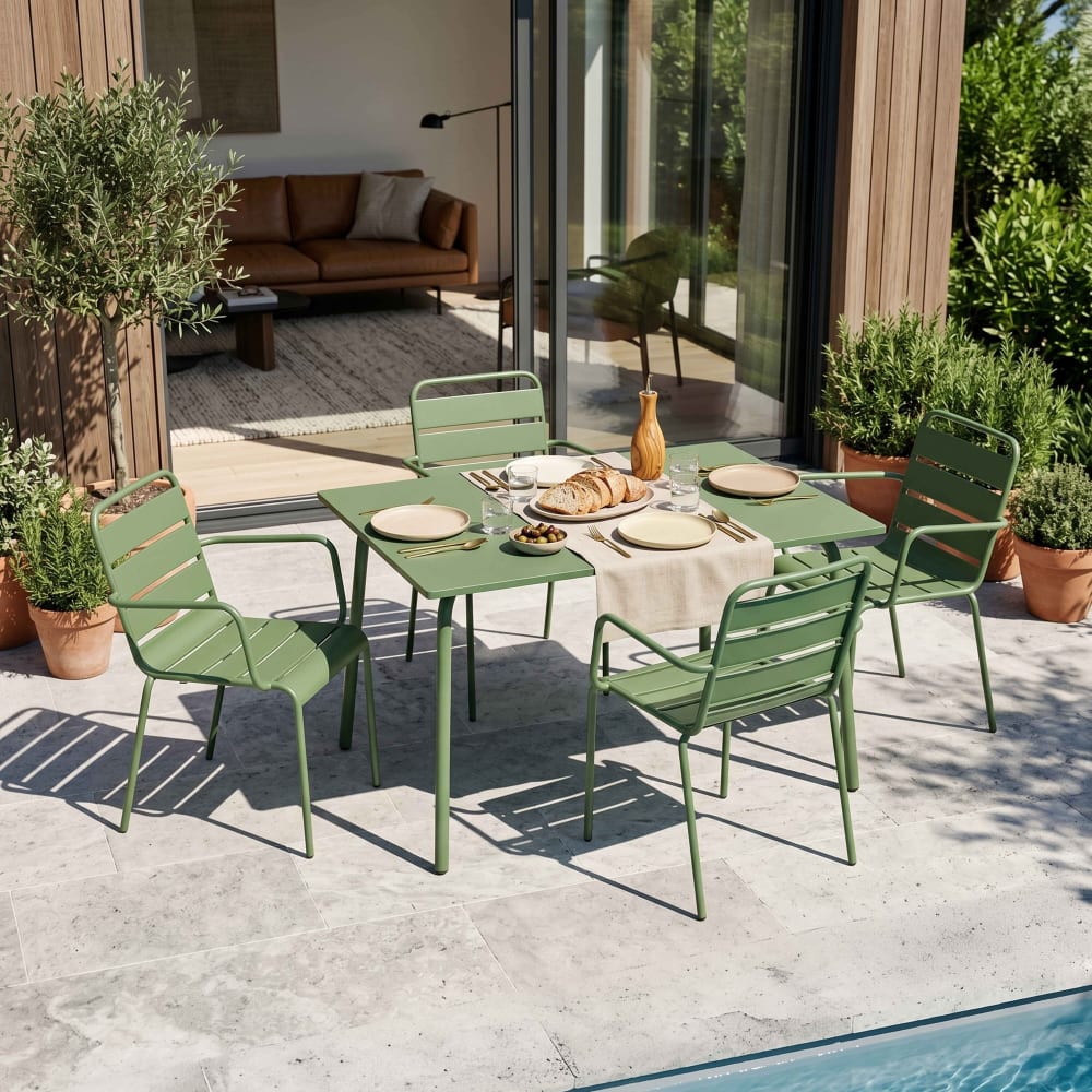 Ensemble table de jardin et 4 fauteuils en métal vert cactus - Maisons du Monde