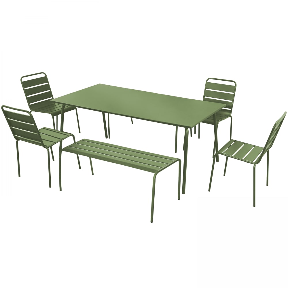 Salon de jardin 2 bancs et 4 chaises en acier vert cactus