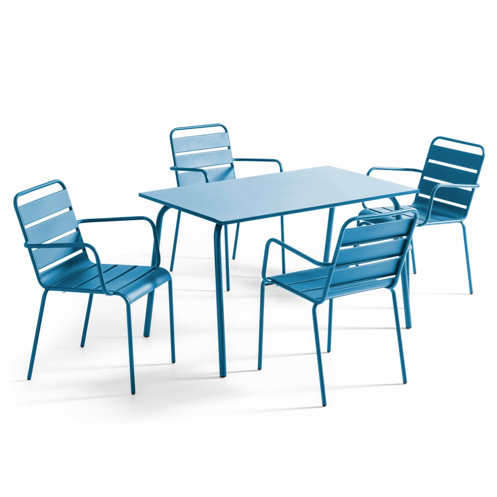 Ensemble table de jardin et 4 fauteuils en métal bleu pacific