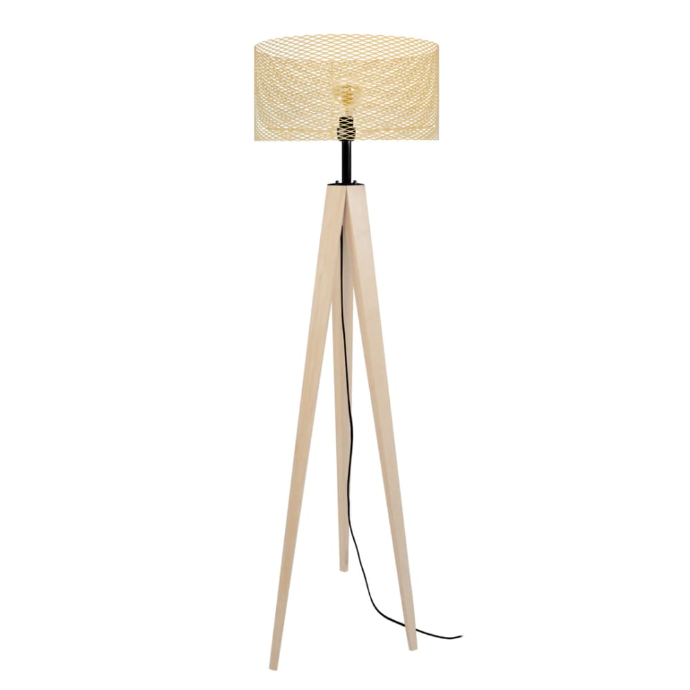 Lampadaire  trepied  bois naturel abat-jour métal jaune