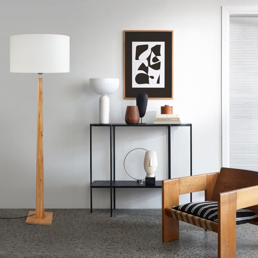 Lampadaire bois naturel métal abat-jour tissu écru