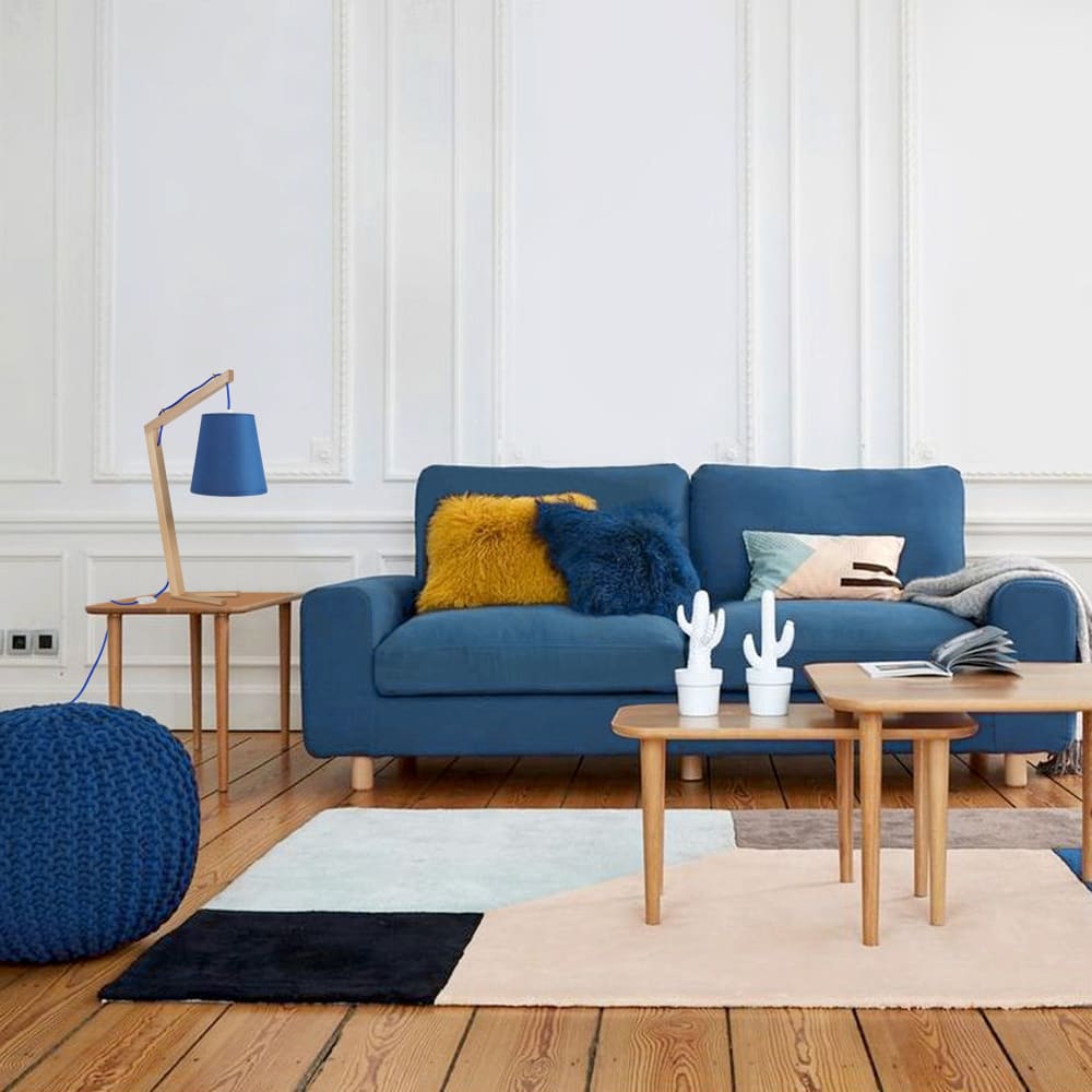 Lampe à poser métal pied bois naturel abat-jour bleu — vue 3