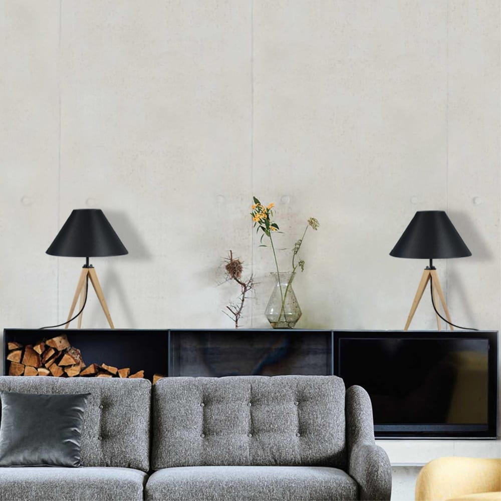 Lampe à poser métal bois naturel abat-jour noir — vue 3