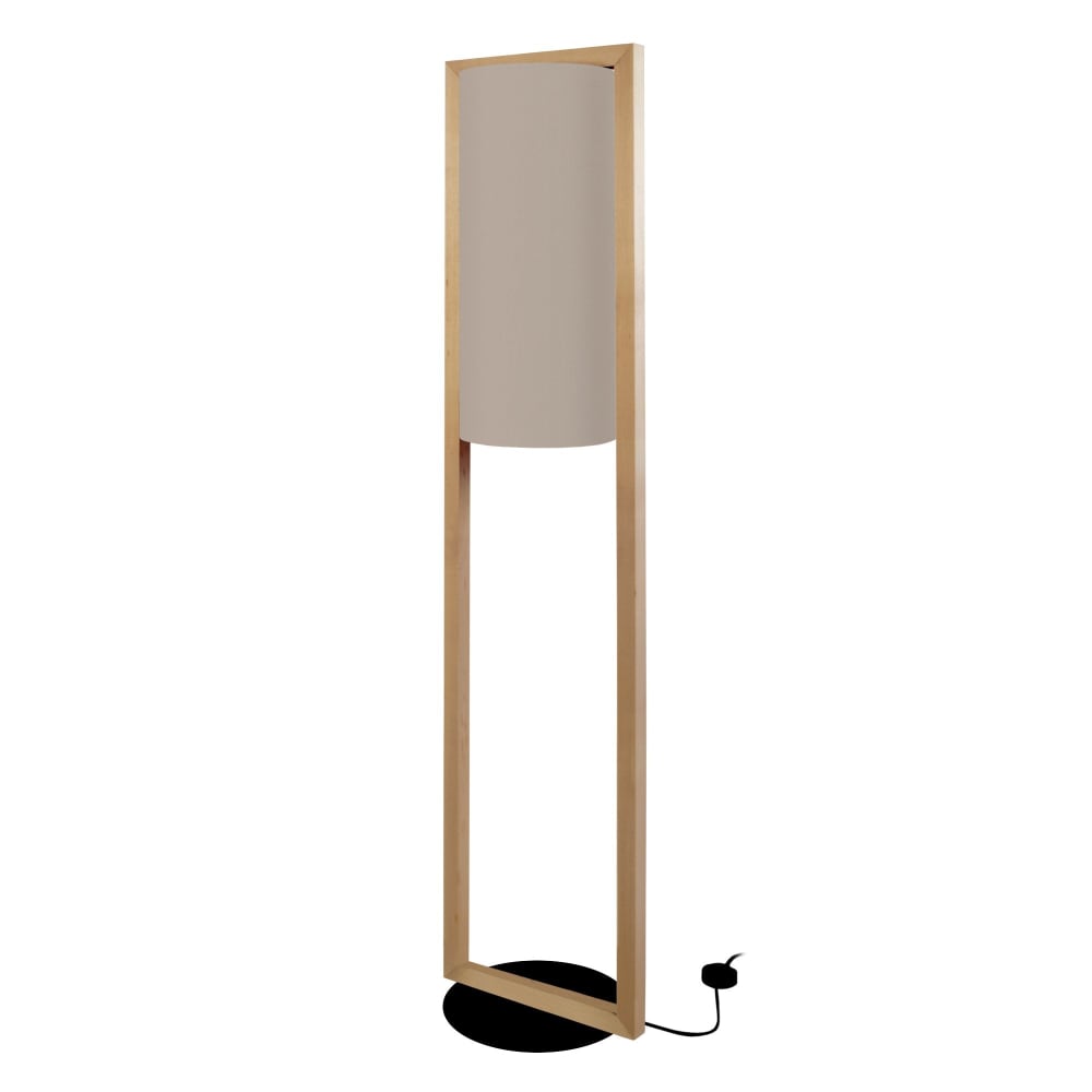 Lampadaire bois foncé métal noir abat-jour tissu taupe