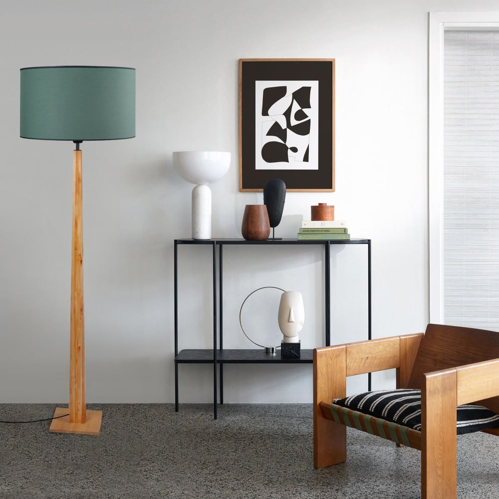 Lampadaire bois naturel abat-jour tissu vert