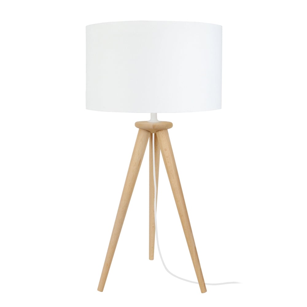 Lampe de table trépied bois naturel  abat-jour tissu écru