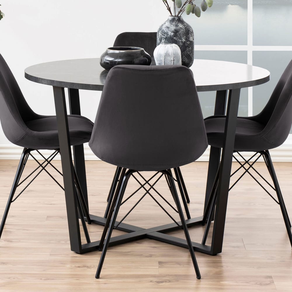 Table à manger ronde 110 cm plateau aspect marbre noir et métal noir