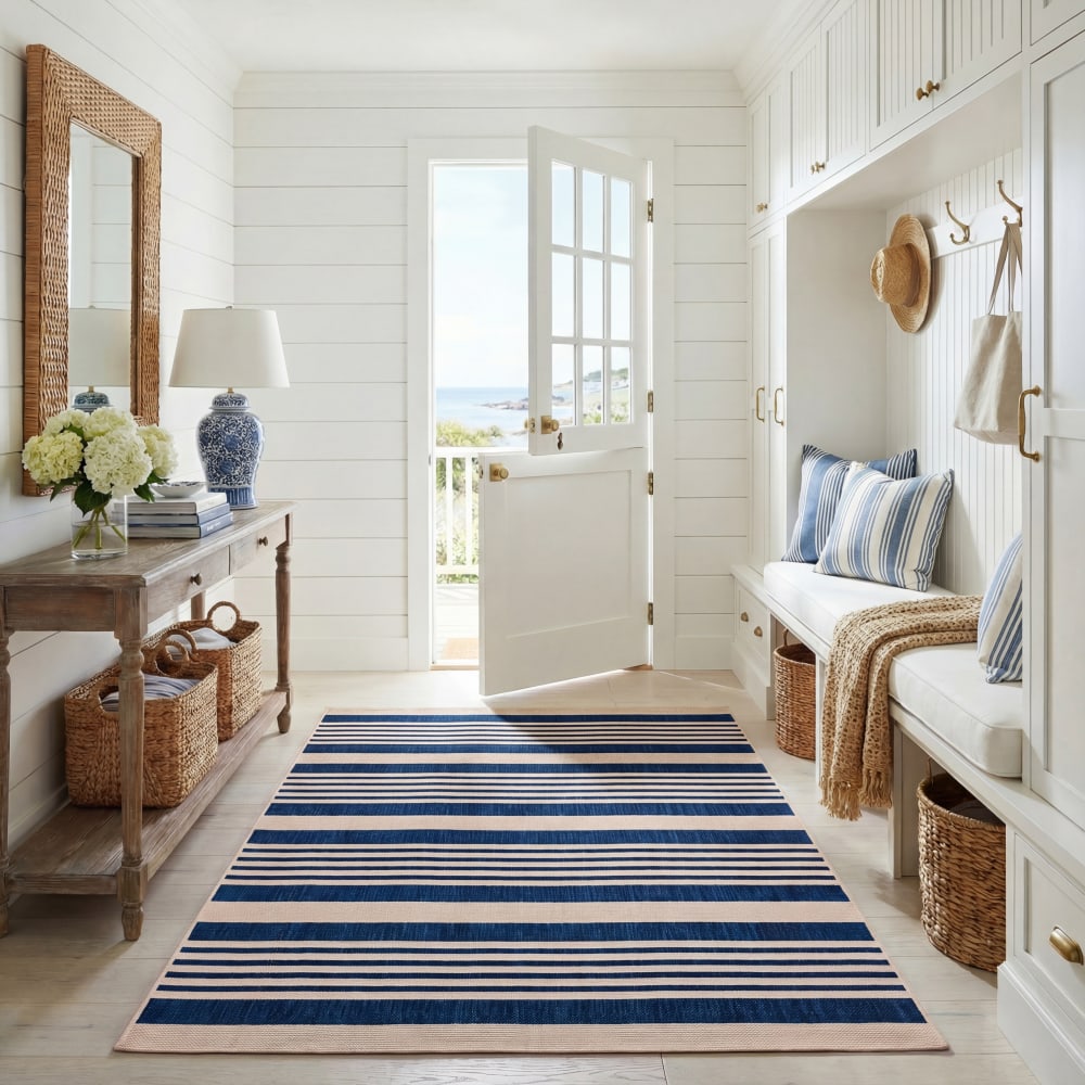 Tapis rayé en polypropylène bleu/beige, 160 x 231 cm - Maisons du Monde