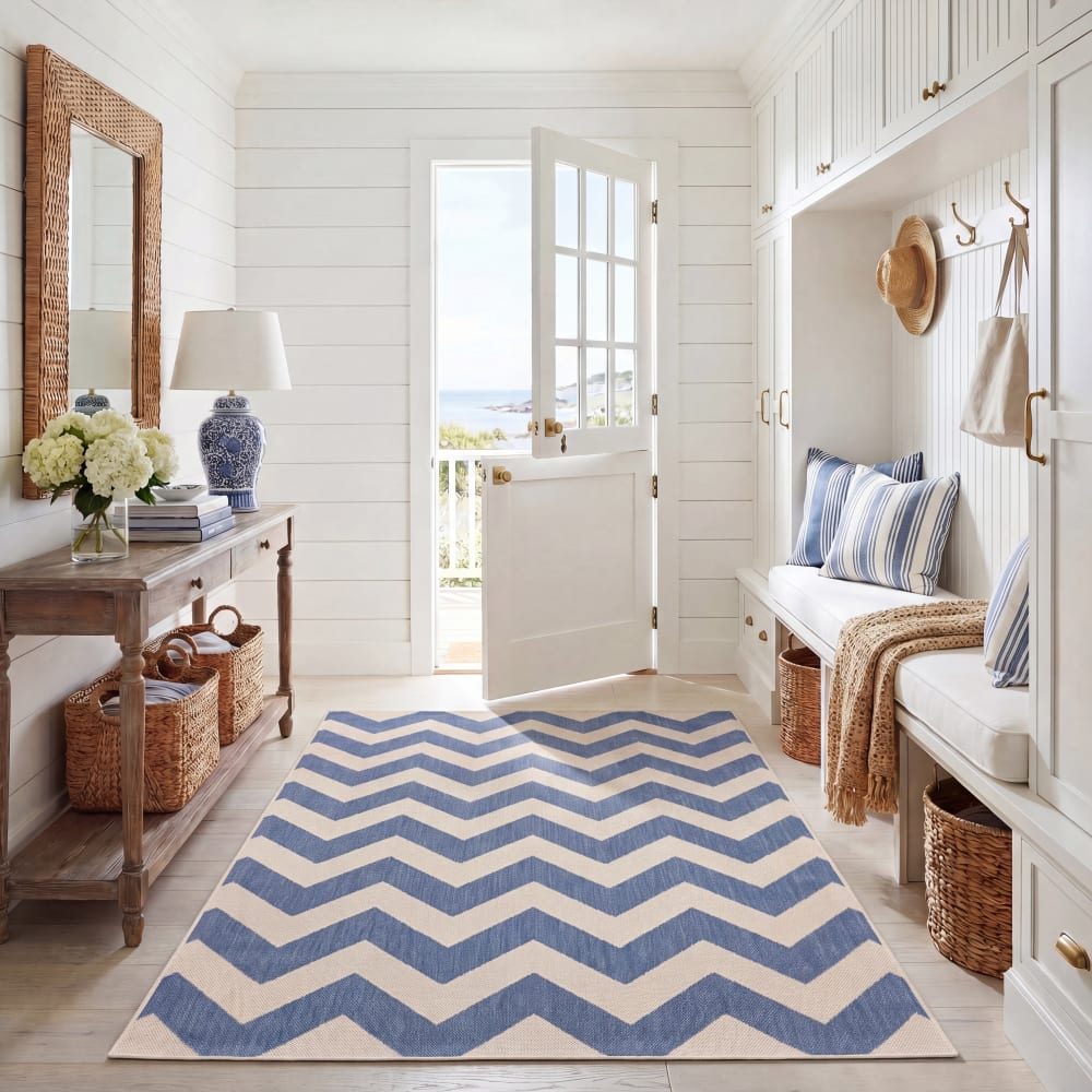 Tappeto chevron in polipropilene blu/beige, 122 x 170 cm -
