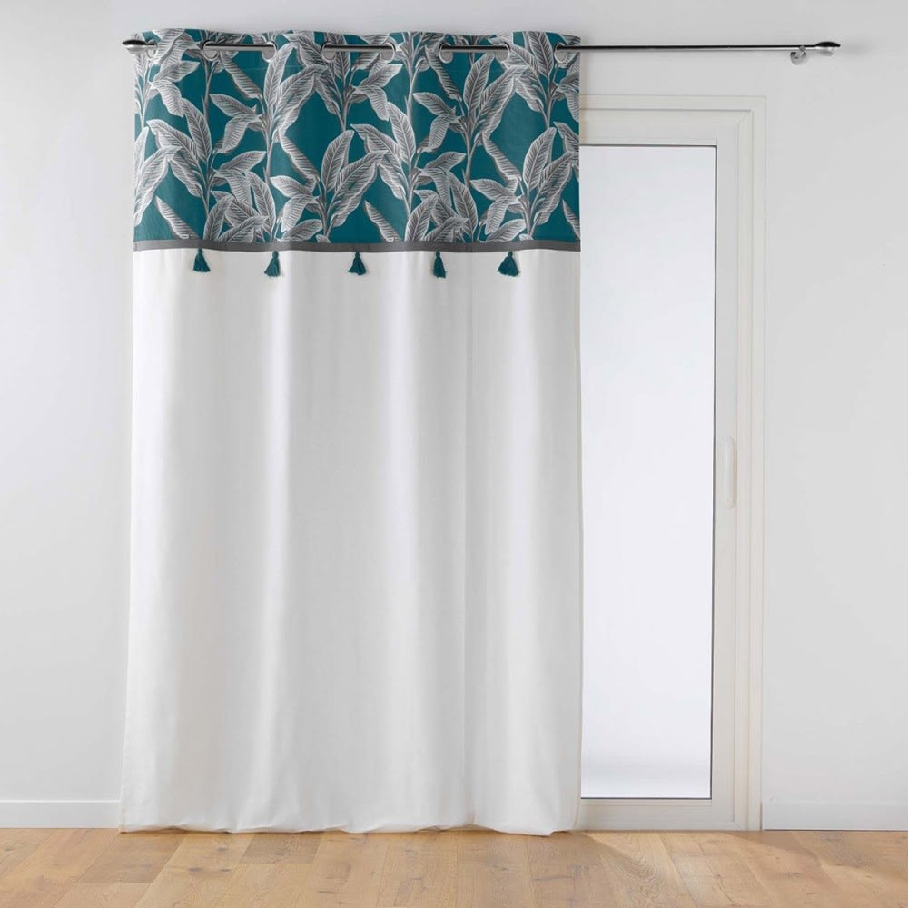 Rideau uni top pompon bleu coton 140x240cm
