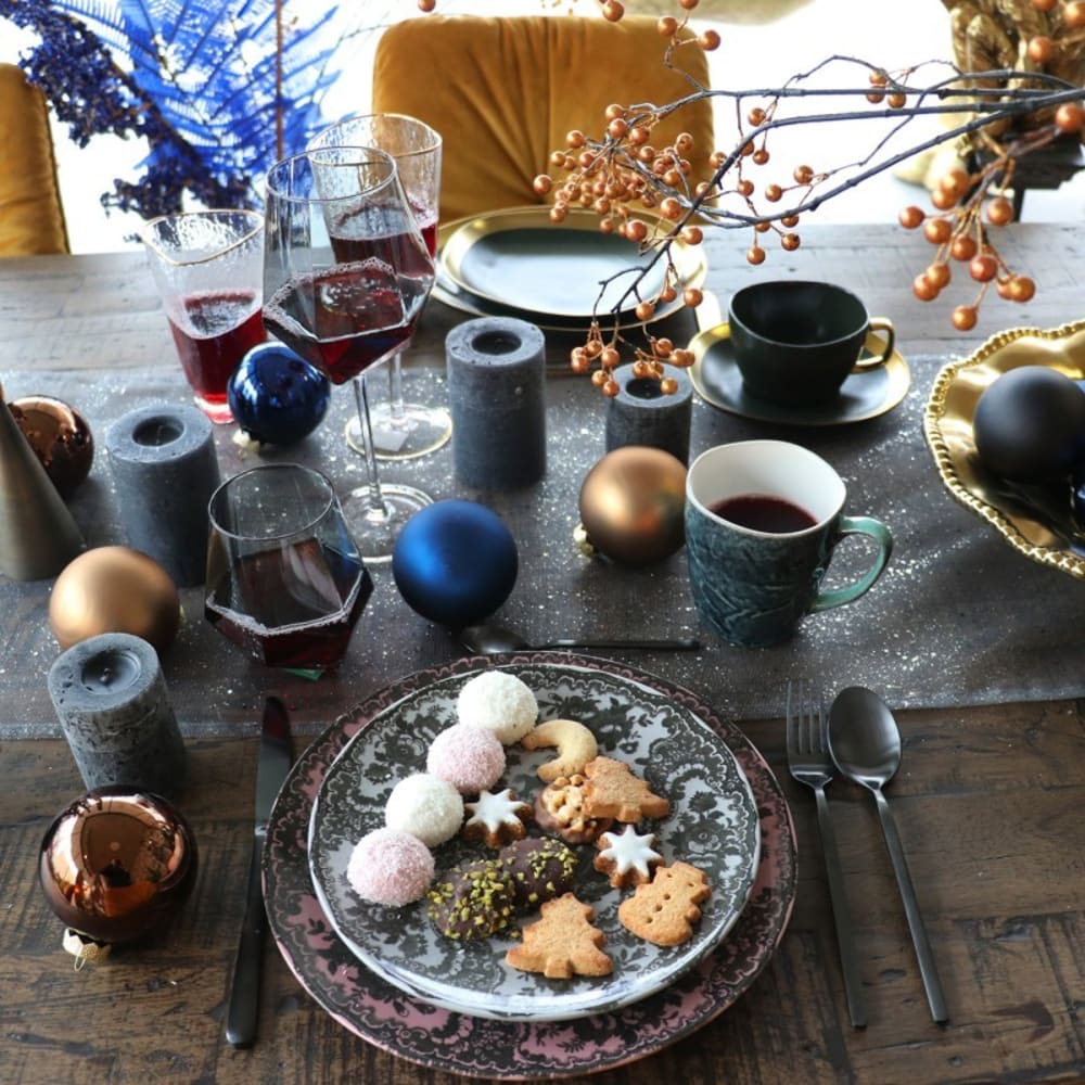 Assiette en grès vert foncé et doré D21 - Lot de 4