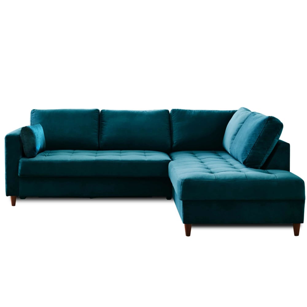 Canapé d'angle droit convertible 5 places en velours bleu canard