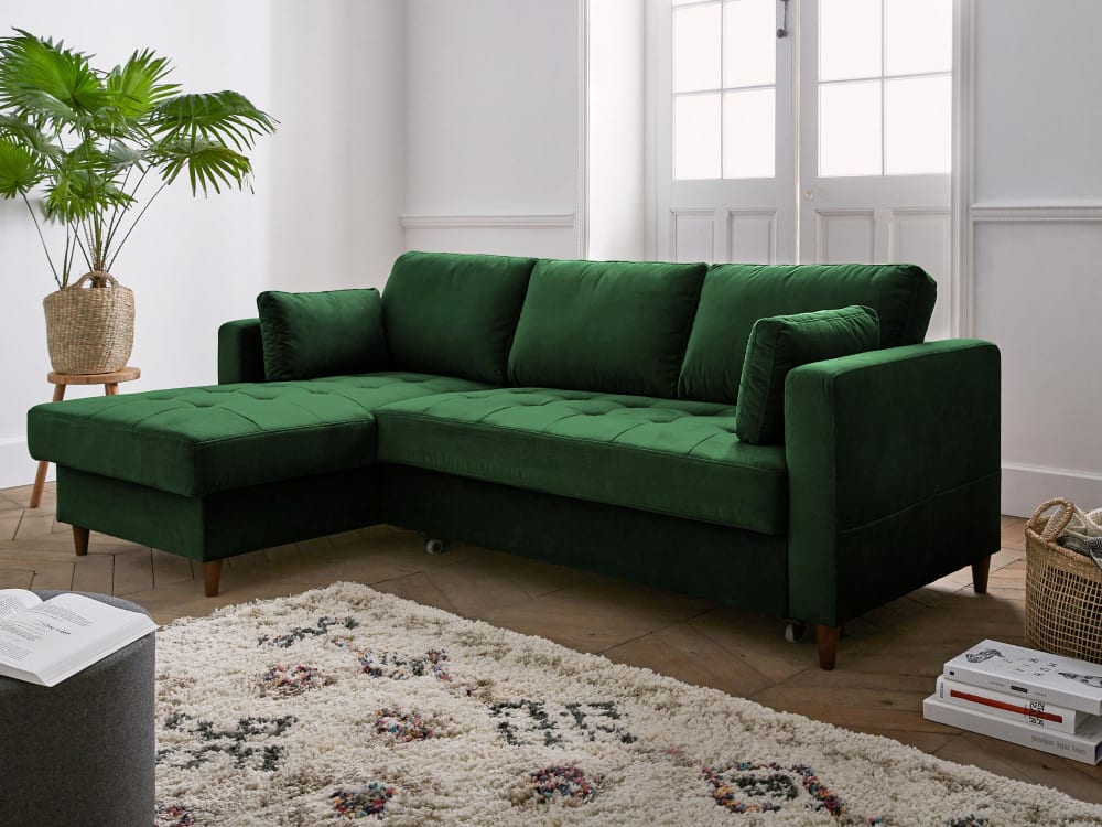 Canapé d'angle convertible 4 places avec coffre en velours vert - Maisons du Monde