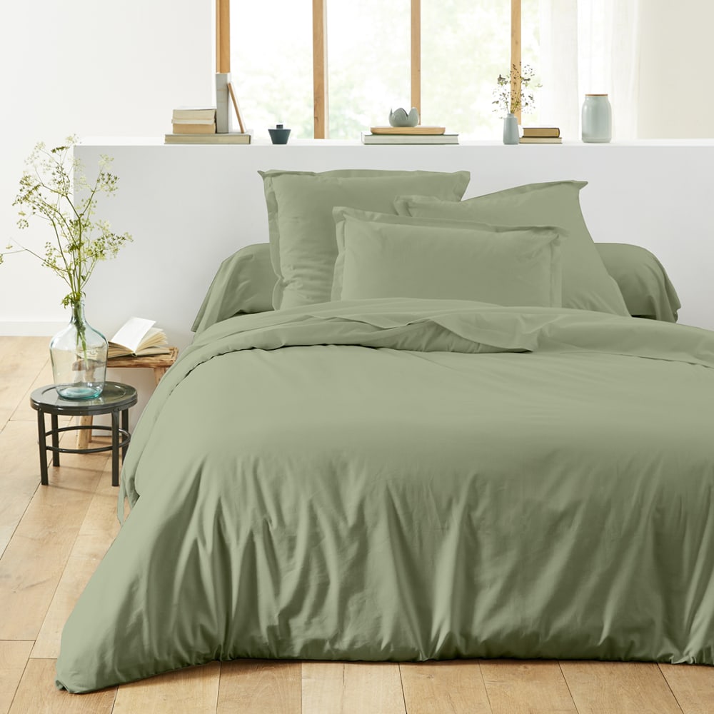 Drap housse uni en coton vert de gris 180x200 - Maisons du Monde