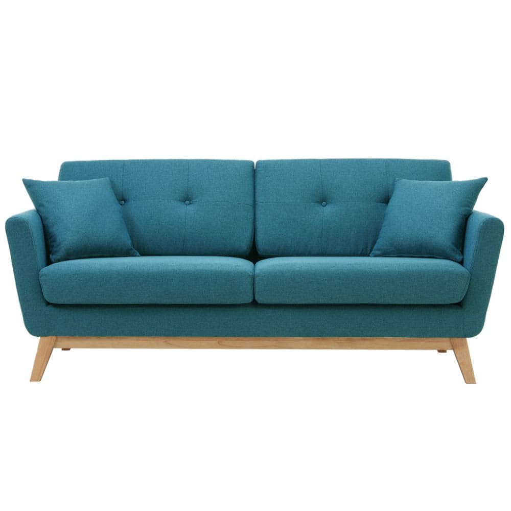 Canapé 3 places scandinave et 2 coussins en tissu bleu canard