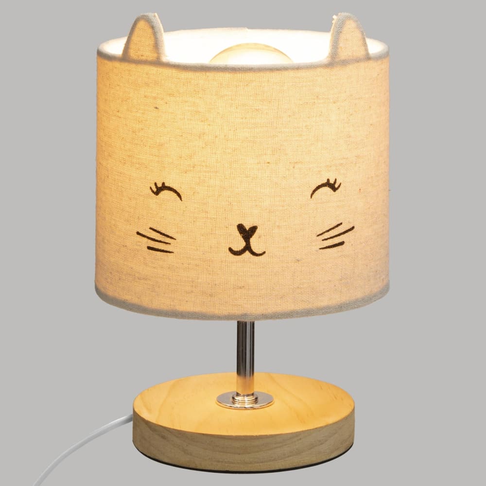 Lampe avec abat jour chat polyester/bois/lin gris clair  Ø 15xh. 13.1 (Home Maison) - Couverture