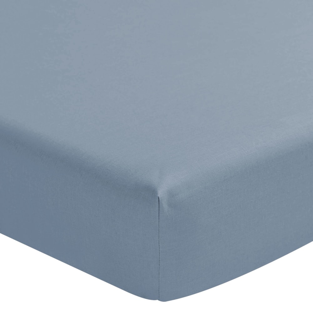 Drap housse en lin bleu 160x200