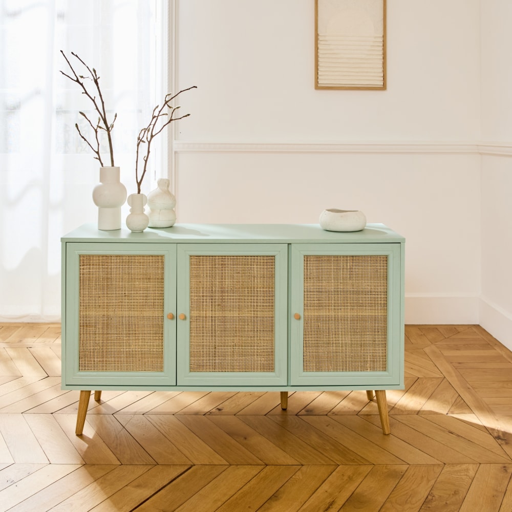 Buffet credenza cannage 120x39x70cm naturale - Modello Classico chic - Verde - Pannello di particelle
