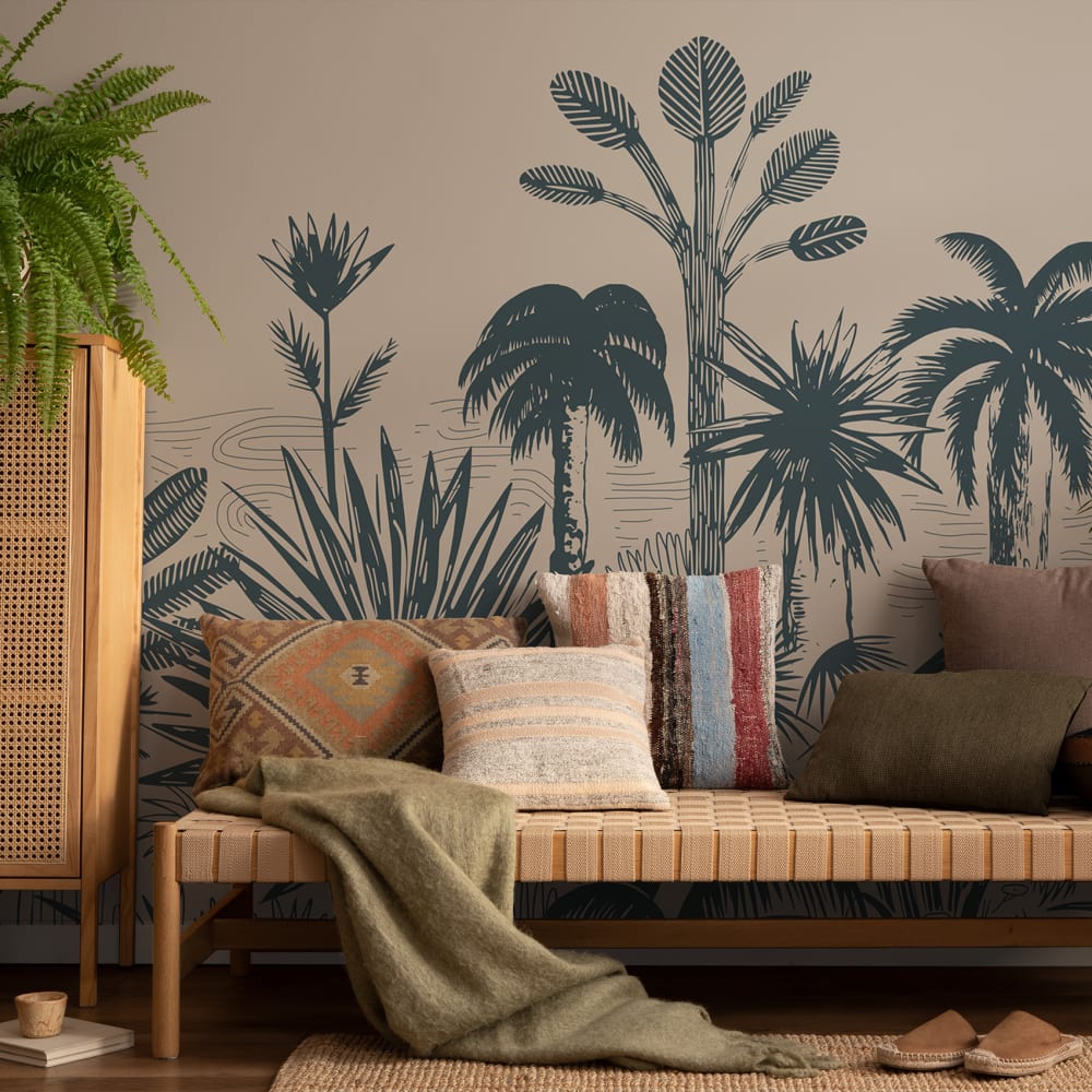 Papel pintado panorámico selva tropical, gris 425 x 250cm