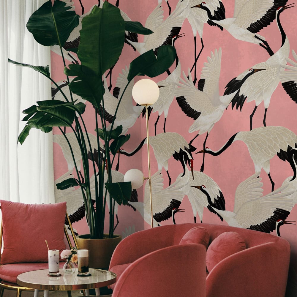 Papier Peint Hérons Roses, papier véritable, 200x280cm, 8 feuilles