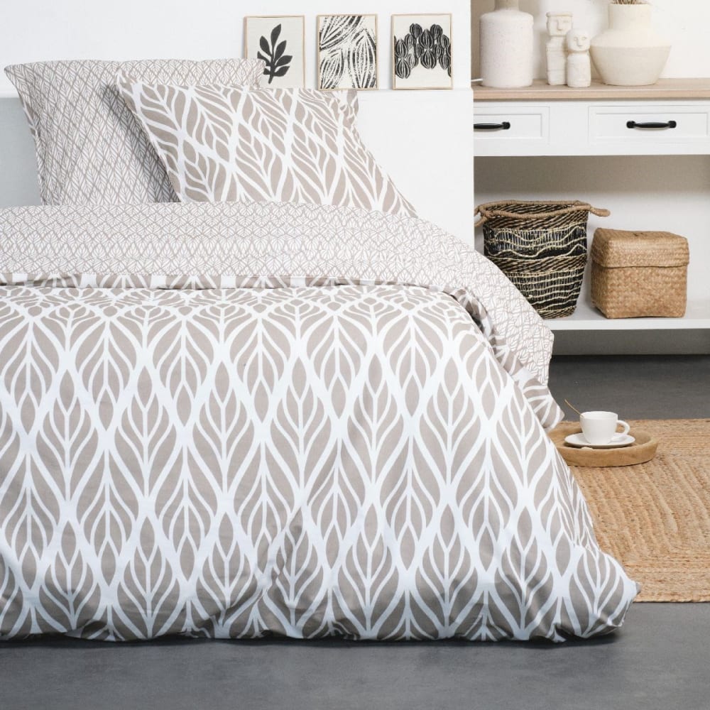 Parure de lit coton 2 personnes imprimé Floral  220x240 cm Beige