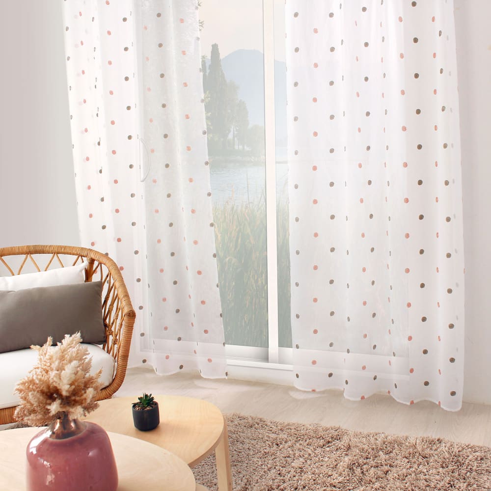 Voilage sablé brodé ''pois colorés'' polyester rose boudoir 140x240 cm