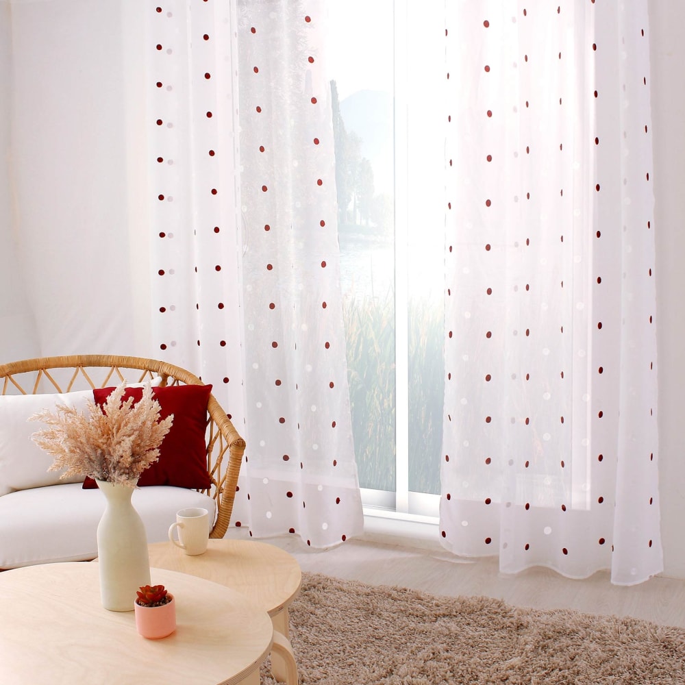 Voilage sablé brodé ''pois colorés'' polyester bordeaux 140x240 cm