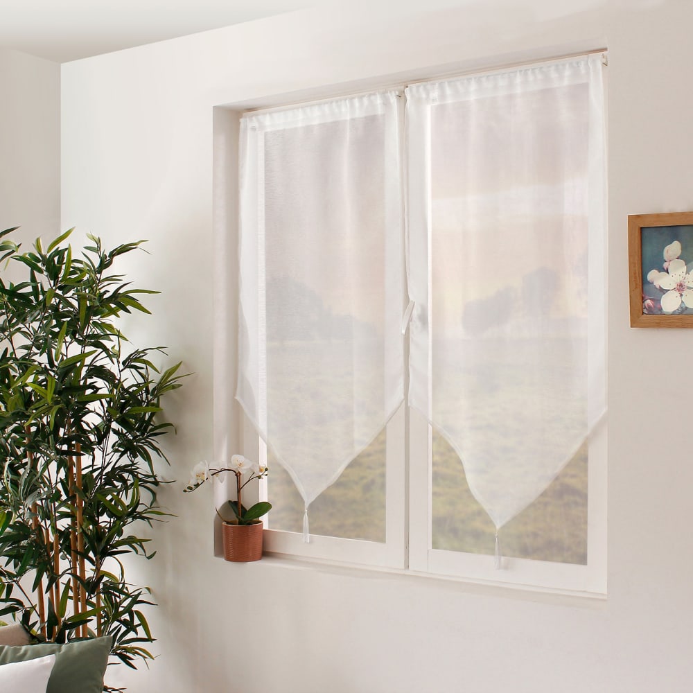 Paire de petits voilages en pointe avec pompon polyester blanc 60x90