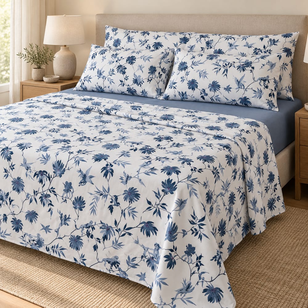 Juego de sábanas 100% algodón 4 piezas azul selva - cama 150 cm