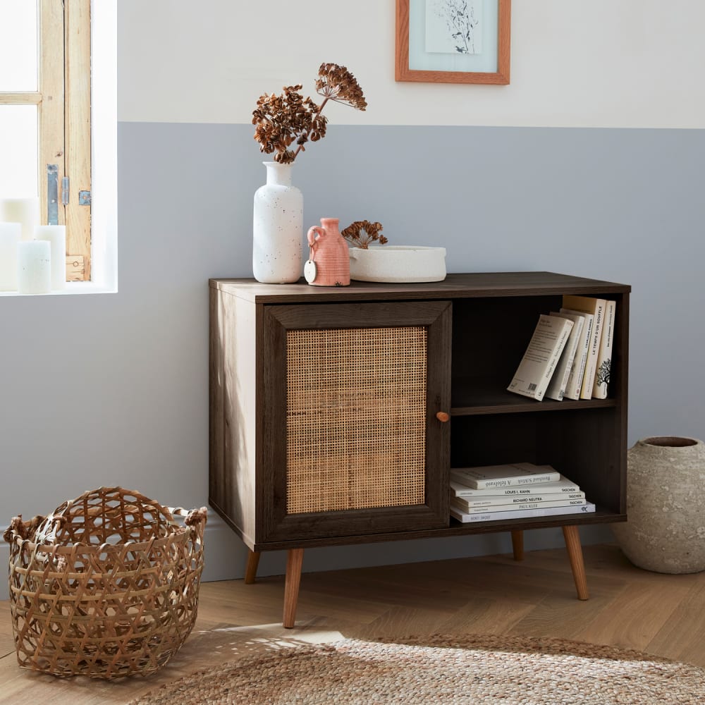 sweeek Sideboard Farbe dunkles Holz mit Rattangeflecht 80 x 39 x 65,8 cm style classic chic Braun Spanplatte