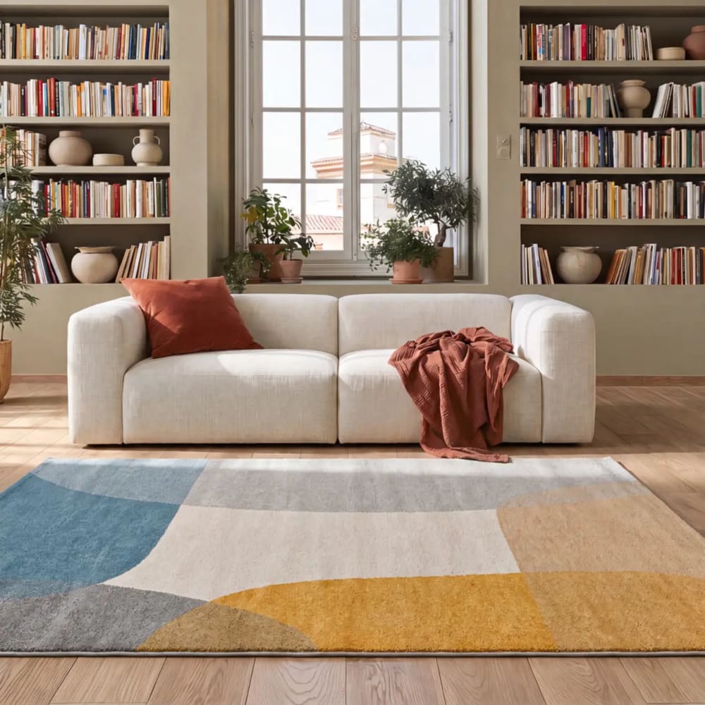Atticgo Teppich mit Formen, cremefarben, senfgelb und blau, 80x150 cm style modern Mehrfarbig Öko-Tex Zertifikat Pp - Polypropylen