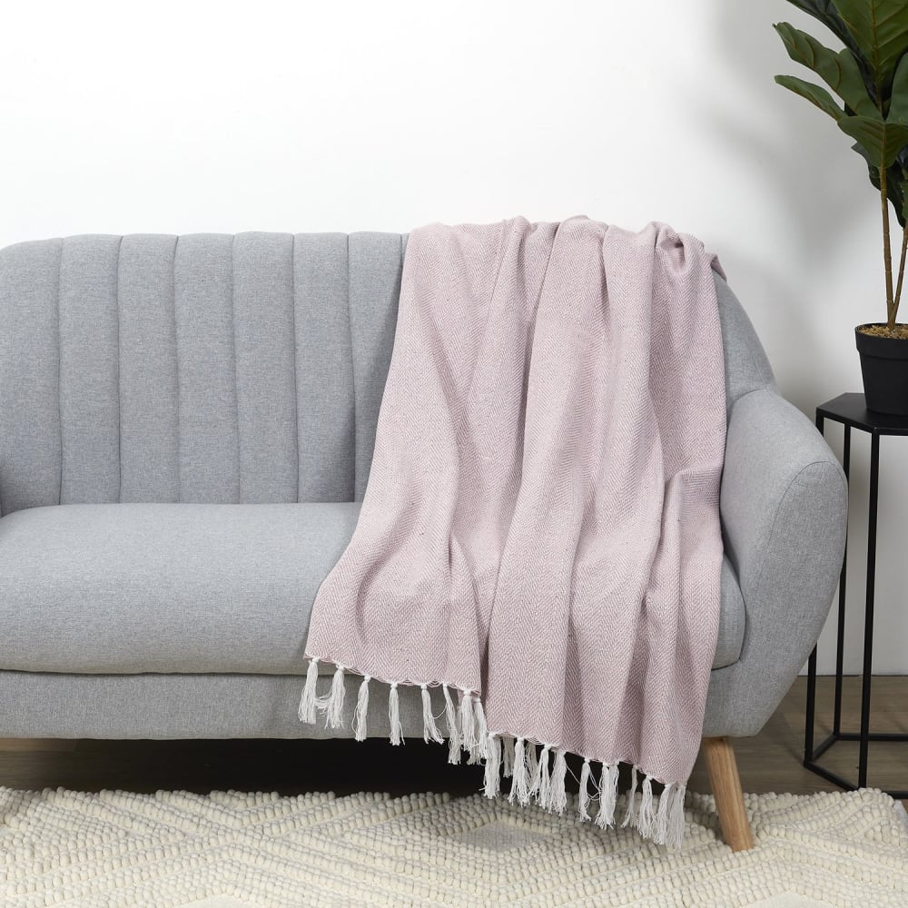 Plaid imprimé géométrique avec franges nouées 125x150cm rose