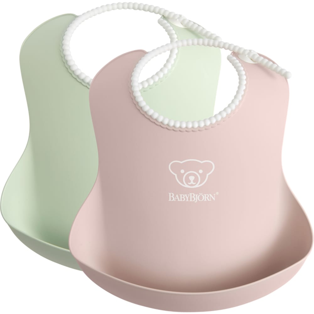 BabyBjörn Lot de 2 bavoirs plastifiés à poche rose et vert pastels Rose Pvc - Poly Chlorure De Vinyle - 37x21x7cm