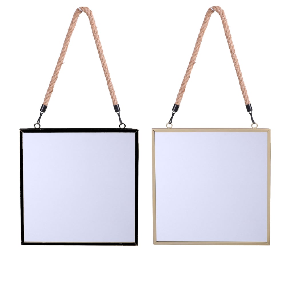 Set de 2 miroirs carrés suspendus corde noir et doré - 30x30cm