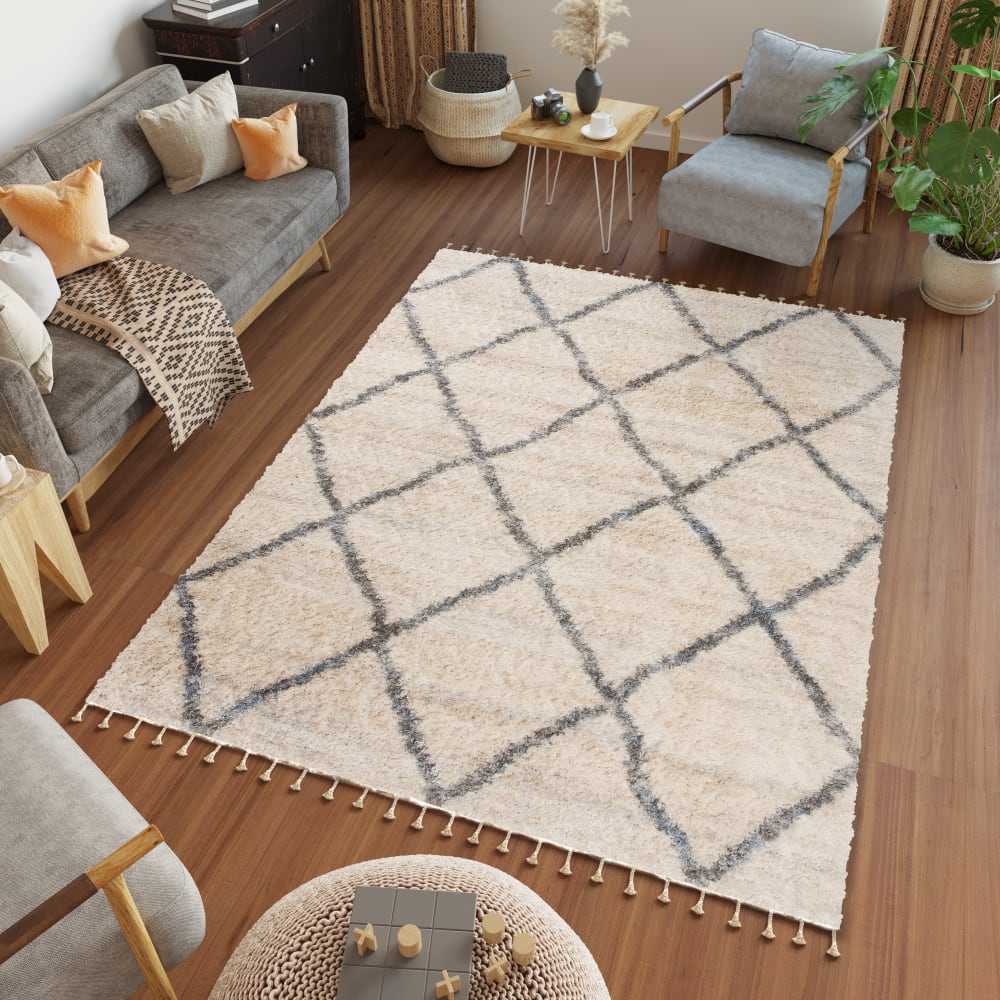 Alfombra shaggy crema gris geométrica borlas 120 x 170 cm - Maisons du Monde