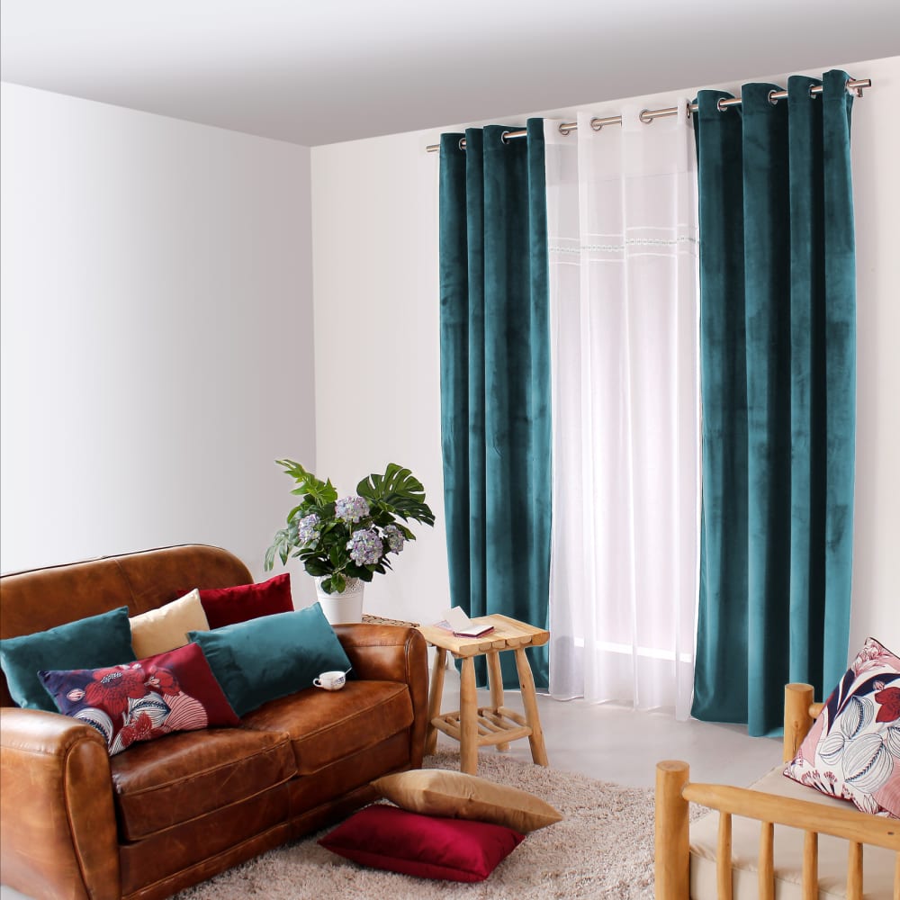Rideau uni en velours polyester/velours bleu azur 140x240 cm