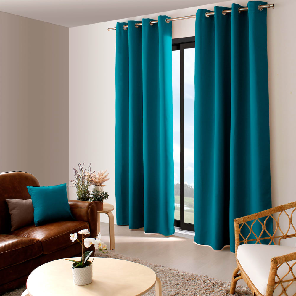Rideau occultant uni avec 8 œillets polyester bleu canard 140x240 cm