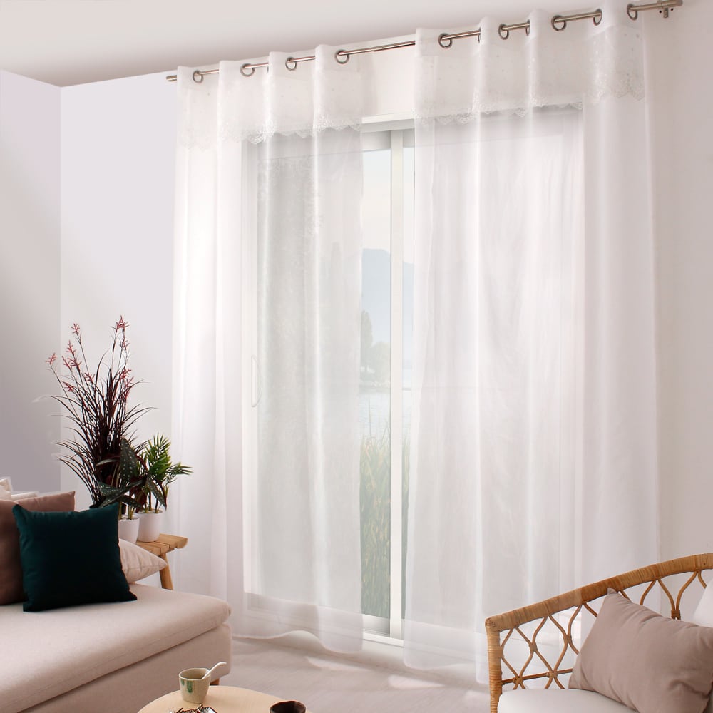 Voilage en étamine avec top à volant brodé polyester blanc 140x240 cm